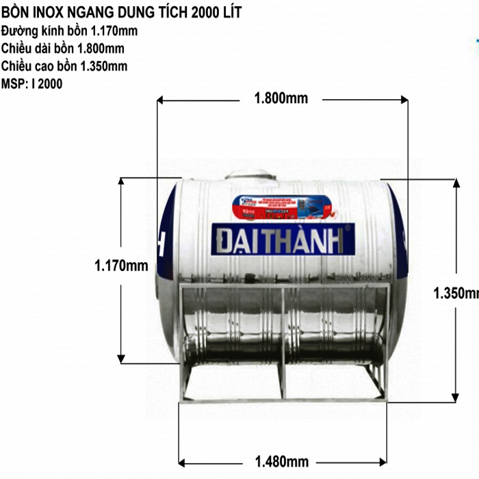 Bồn nước Inox SUS304 Đại Thành 2000L ngang