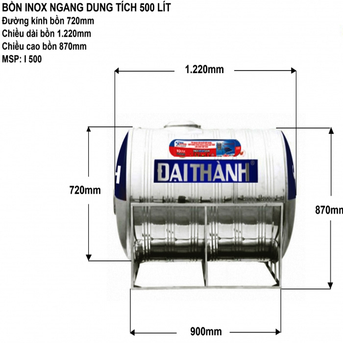 Bồn nước Inox SUS304 Đại Thành 500L ngang