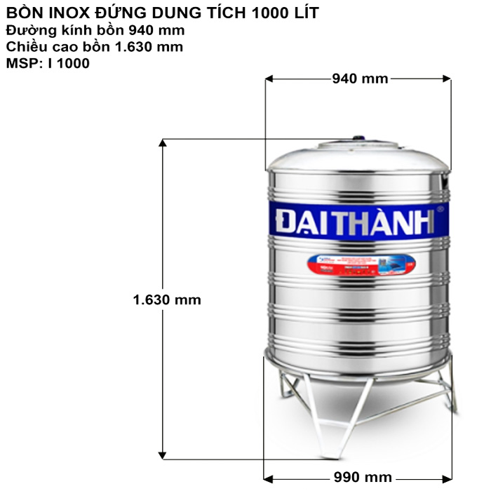 Bồn nước Inox SUS304 đứng Đại Thành 1000L