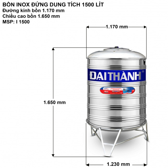 Bồn nước Inox SUS304 đứng Đại Thành 1500L