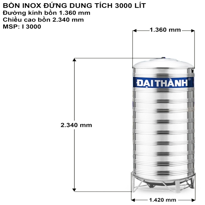 Bồn nước Inox SUS304 đứng Đại Thành 3000L